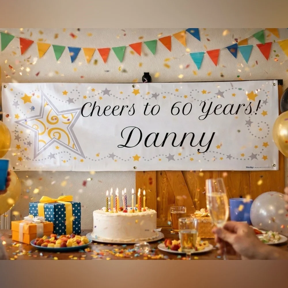 Custom Vinyl 60th Birthday Banner with Stars Cheers to 60 Years Danny Size 6’x2’